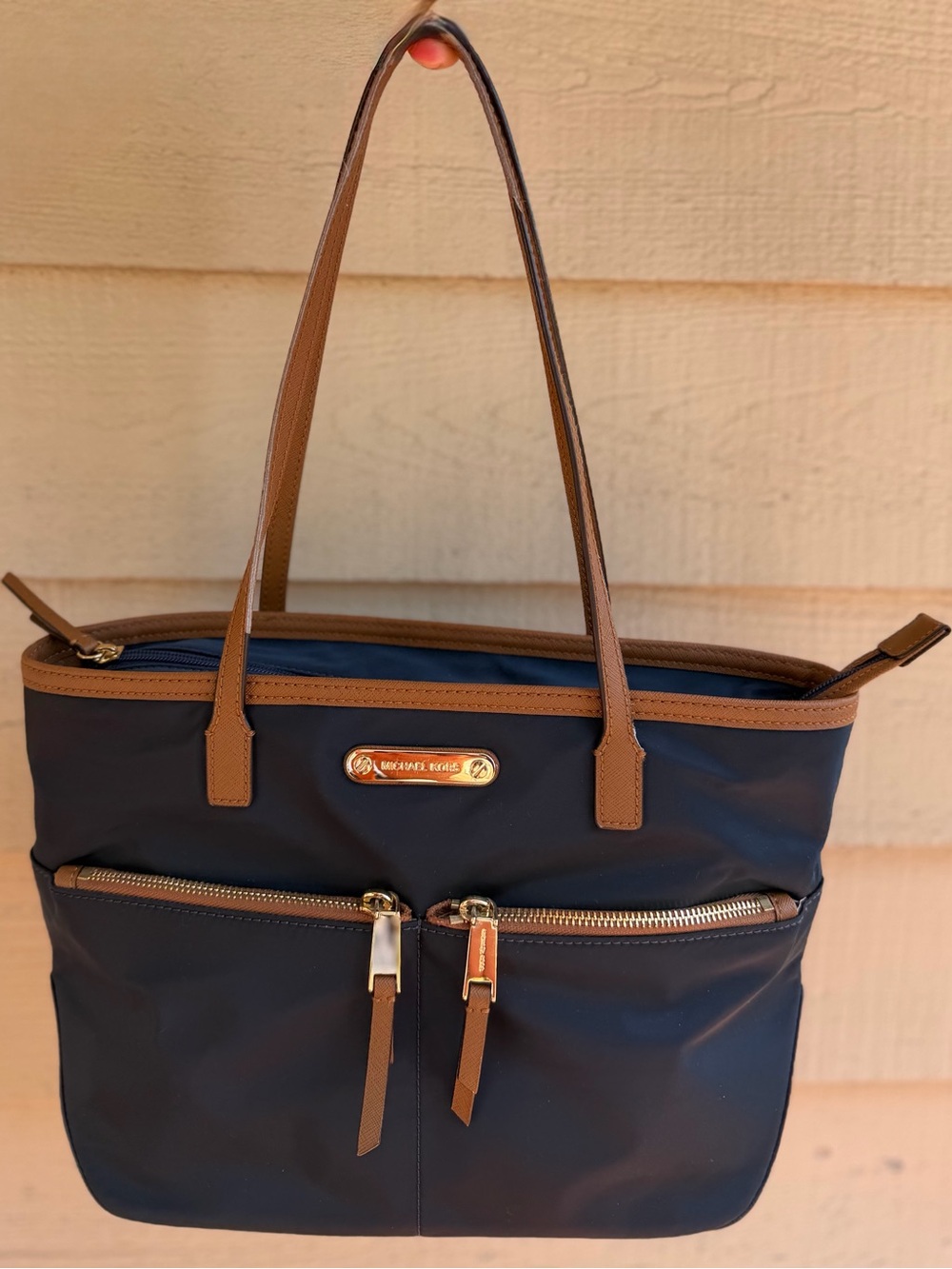 Michael Kors Kempton Navy and Brown Nylon Tote with Gold Hardware - Picture 13 of 14
